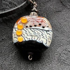 Black, Gold and White Glass Pendant with Leather Necklace with Clasp